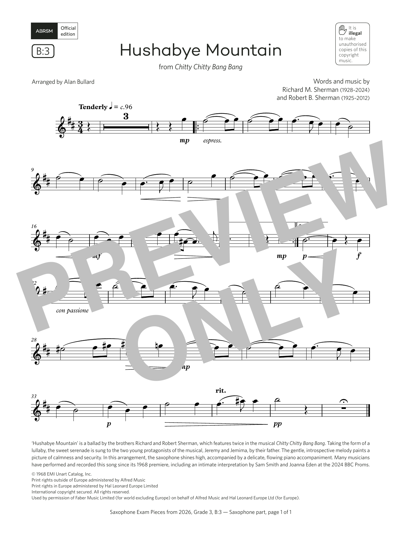 Robert Sherman Hushabye Mountain (Grade 3, list B3, from the ABRSM Saxophone Syllabus from 2026) sheet music notes and chords arranged for Alto Sax Solo