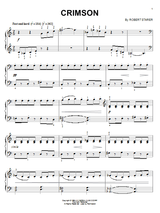 Robert Starer Crimson sheet music notes and chords arranged for Piano Solo