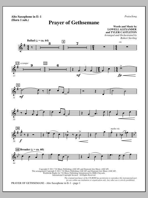 Robert Sterling Prayer Of Gethsemane - Alto Sax 1 (sub. Horn 1) sheet music notes and chords arranged for Choir Instrumental Pak