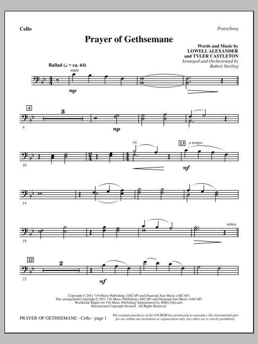 Robert Sterling Prayer Of Gethsemane - Cello sheet music notes and chords arranged for Choir Instrumental Pak