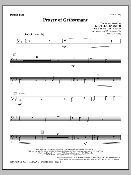 Robert Sterling Prayer Of Gethsemane - Double Bass sheet music notes and chords arranged for Choir Instrumental Pak