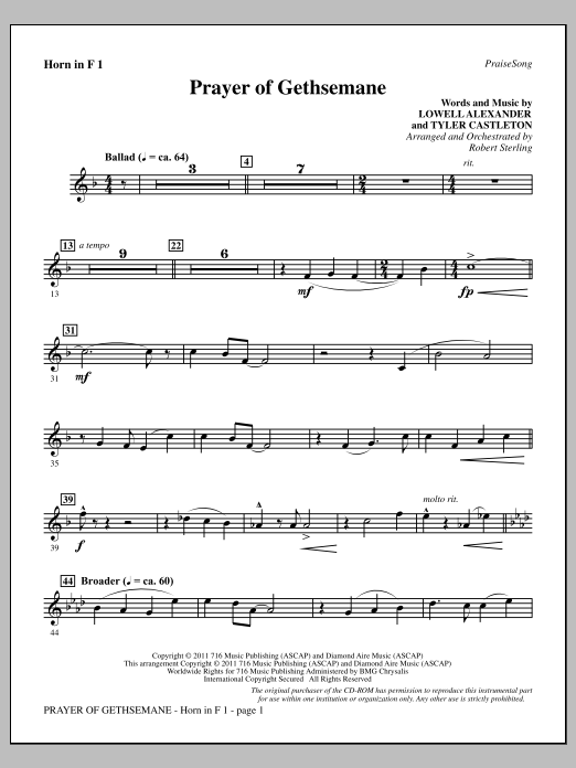 Robert Sterling Prayer Of Gethsemane - F Horn 1 sheet music notes and chords arranged for Choir Instrumental Pak