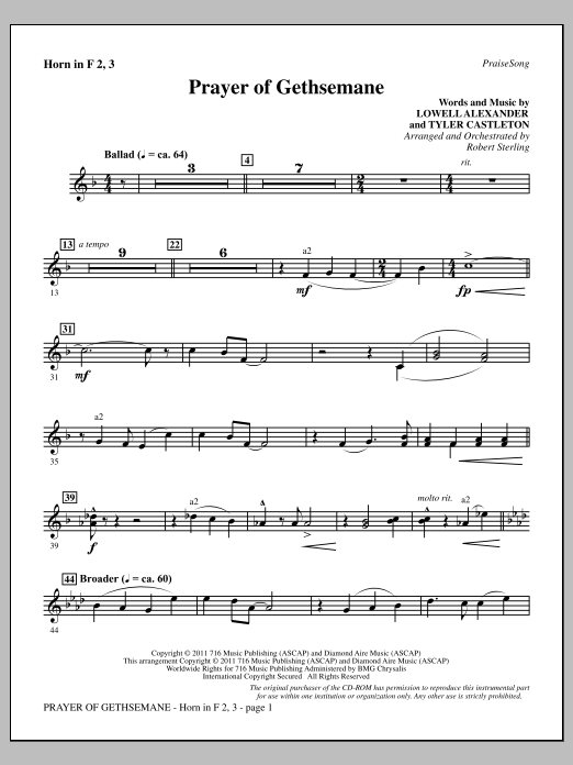 Robert Sterling Prayer Of Gethsemane - F Horn 2,3 sheet music notes and chords arranged for Choir Instrumental Pak