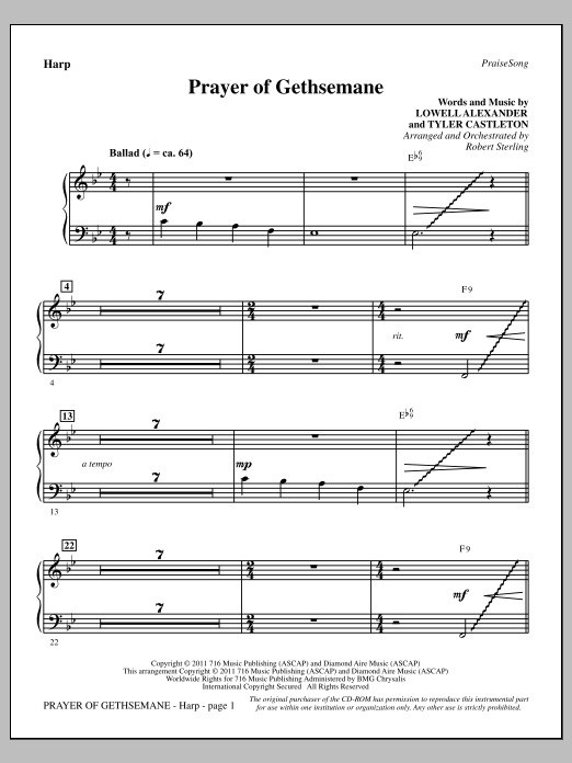 Robert Sterling Prayer Of Gethsemane - Harp sheet music notes and chords arranged for Choir Instrumental Pak