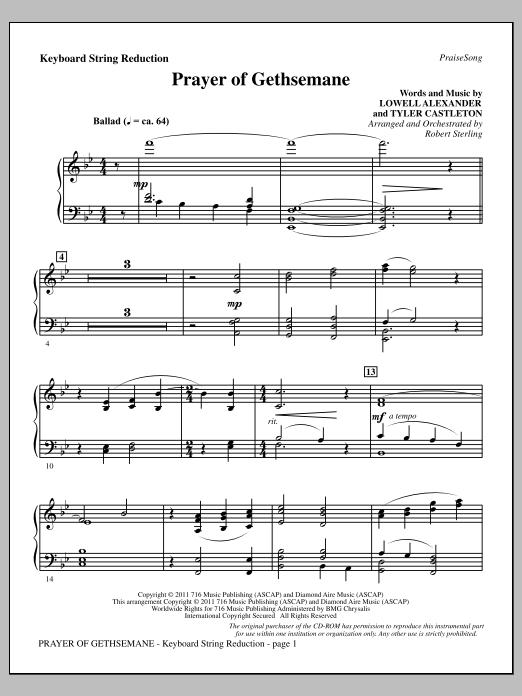 Robert Sterling Prayer Of Gethsemane - Keyboard String Reduction sheet music notes and chords arranged for Choir Instrumental Pak