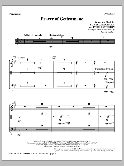 Robert Sterling Prayer Of Gethsemane - Percussion sheet music notes and chords arranged for Choir Instrumental Pak
