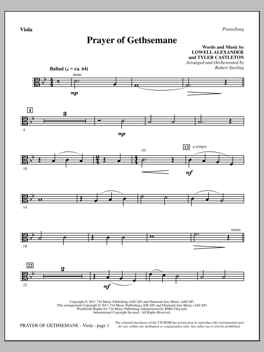 Robert Sterling Prayer Of Gethsemane - Viola sheet music notes and chords arranged for Choir Instrumental Pak