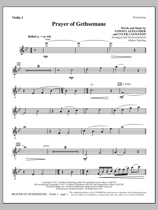 Robert Sterling Prayer Of Gethsemane - Violin 1 sheet music notes and chords arranged for Choir Instrumental Pak