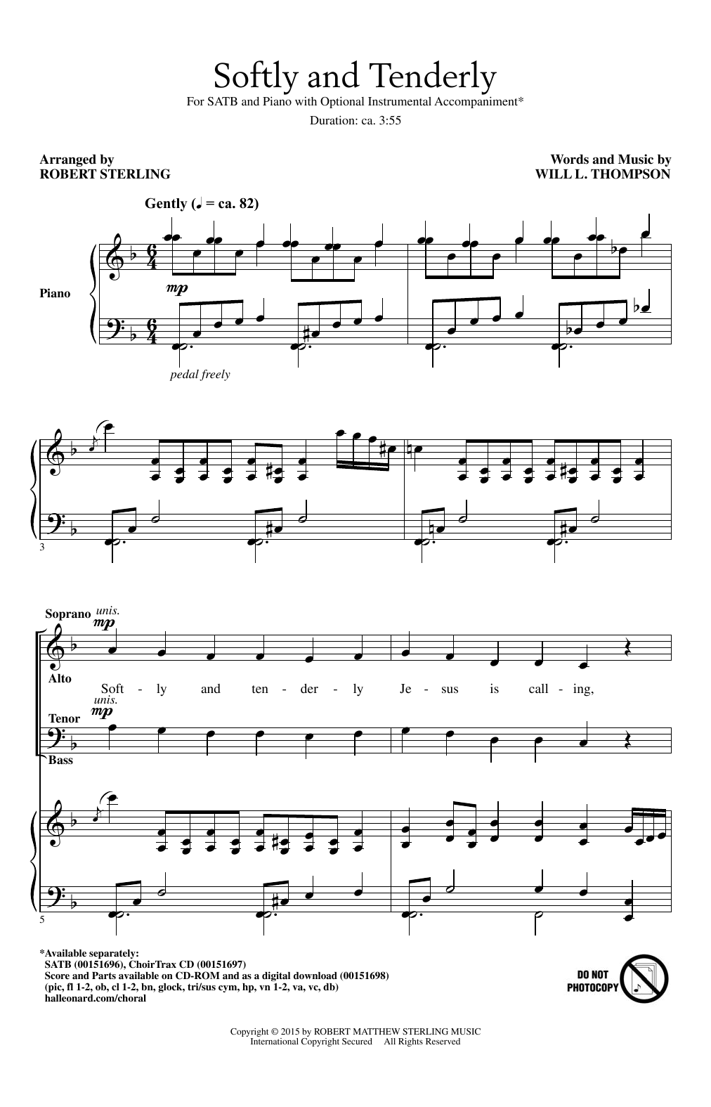 Robert Sterling Softly And Tenderly sheet music notes and chords arranged for SATB Choir