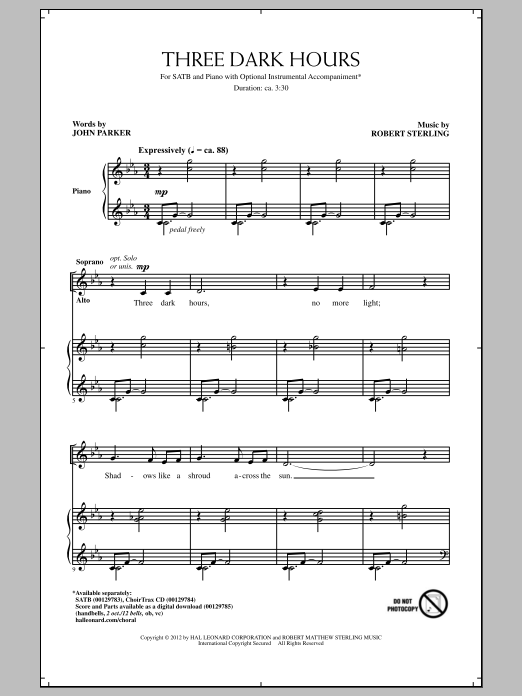 Robert Sterling Three Dark Hours sheet music notes and chords arranged for SATB Choir