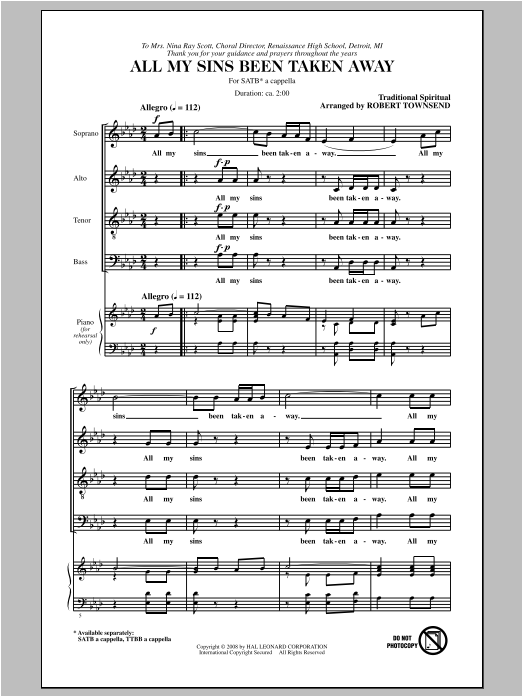 Robert Townsend All My Sins Been Taken Away sheet music notes and chords arranged for TTBB Choir