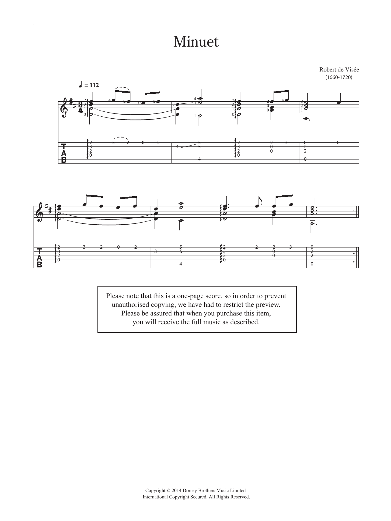 Robert Visee Minuet sheet music notes and chords arranged for Easy Guitar