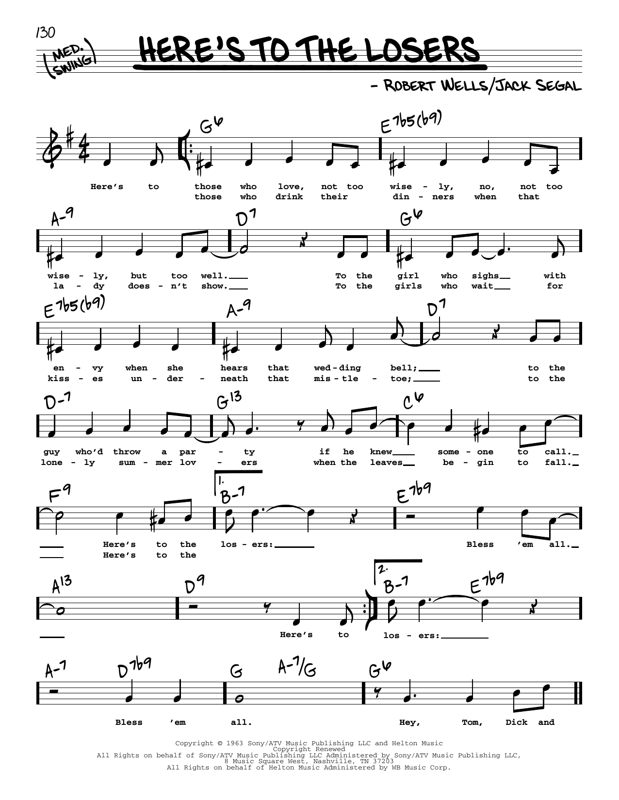Robert Wells Here's To The Losers (High Voice) sheet music notes and chords arranged for Real Book – Melody, Lyrics & Chords