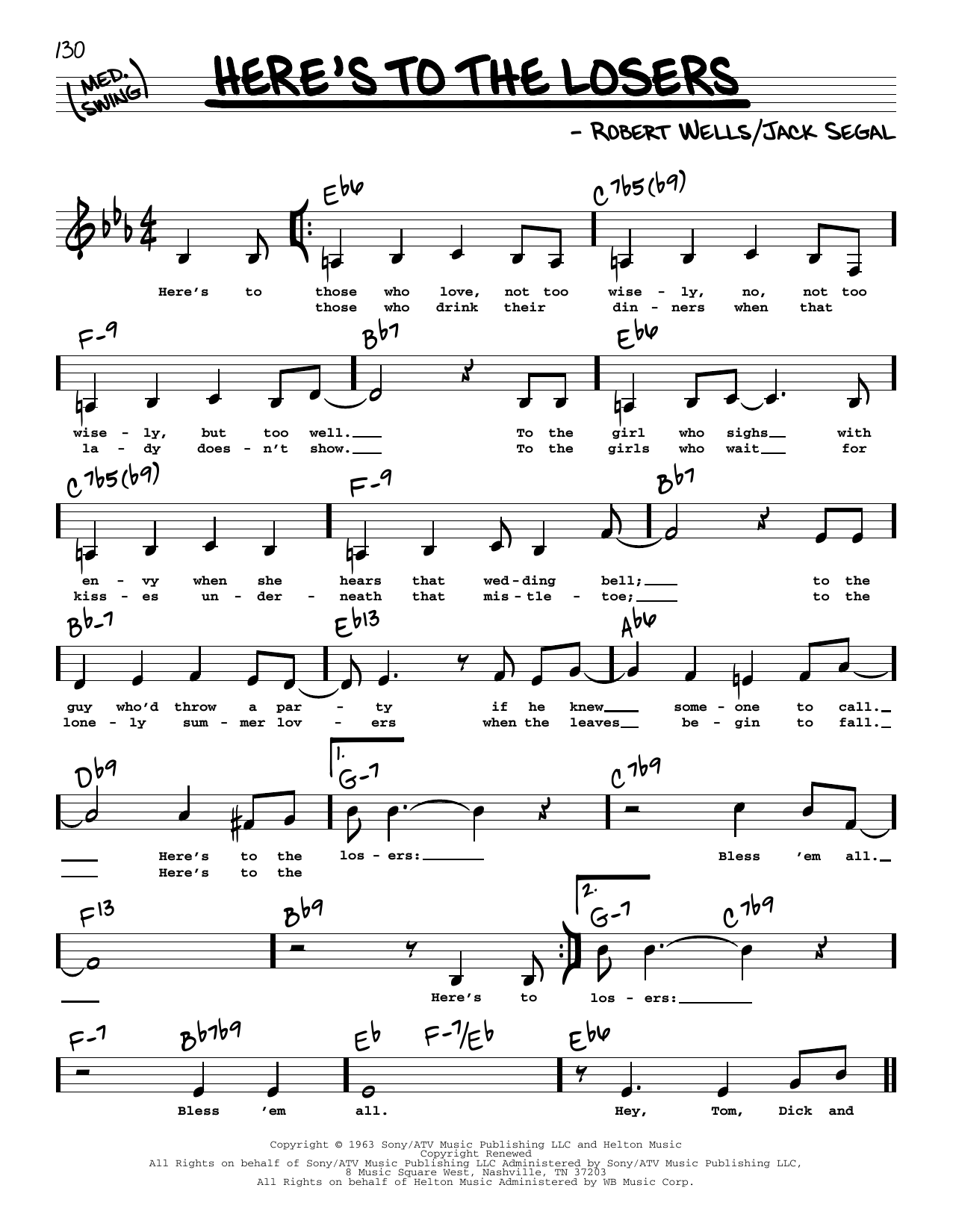 Robert Wells Here's To The Losers (Low Voice) sheet music notes and chords arranged for Real Book – Melody, Lyrics & Chords