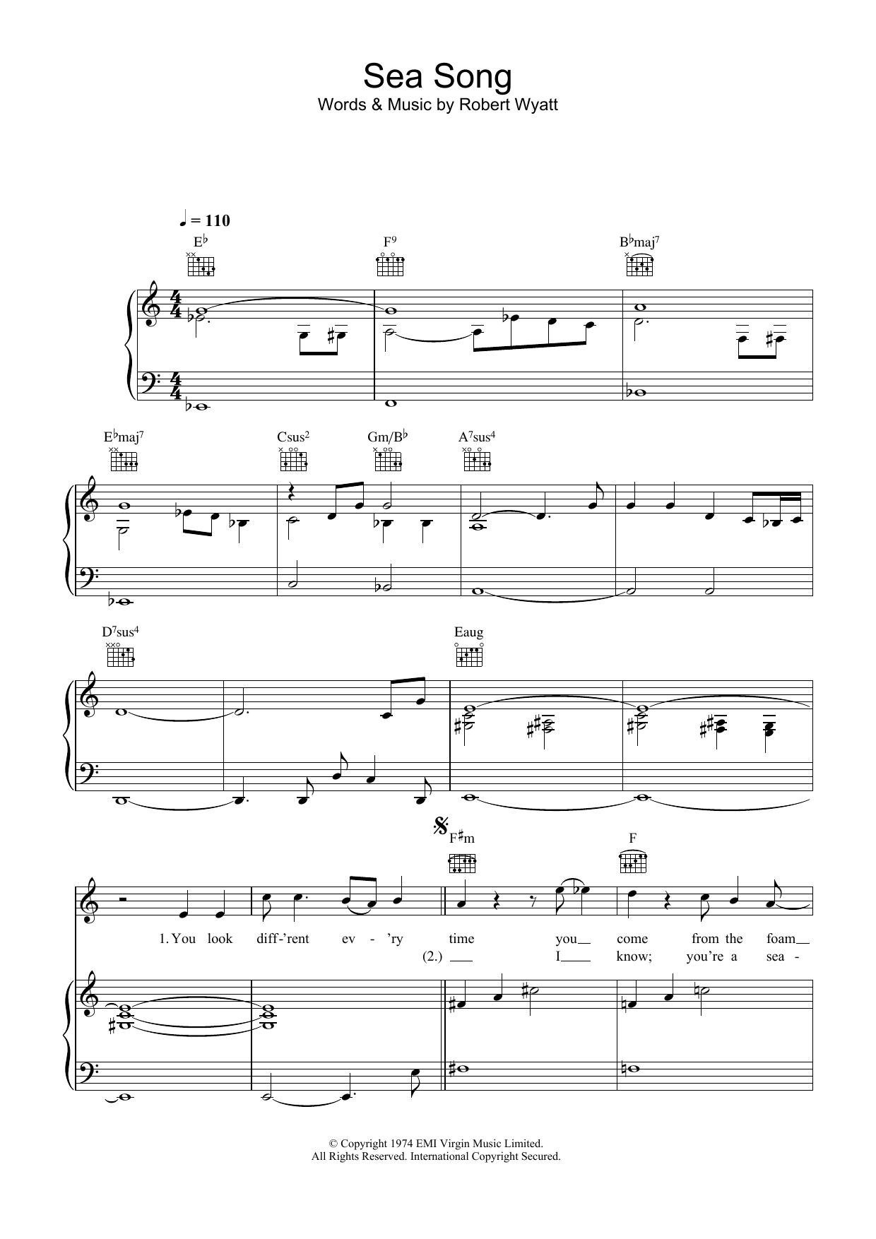 Robert Wyatt Sea Song sheet music notes and chords arranged for Piano, Vocal & Guitar Chords