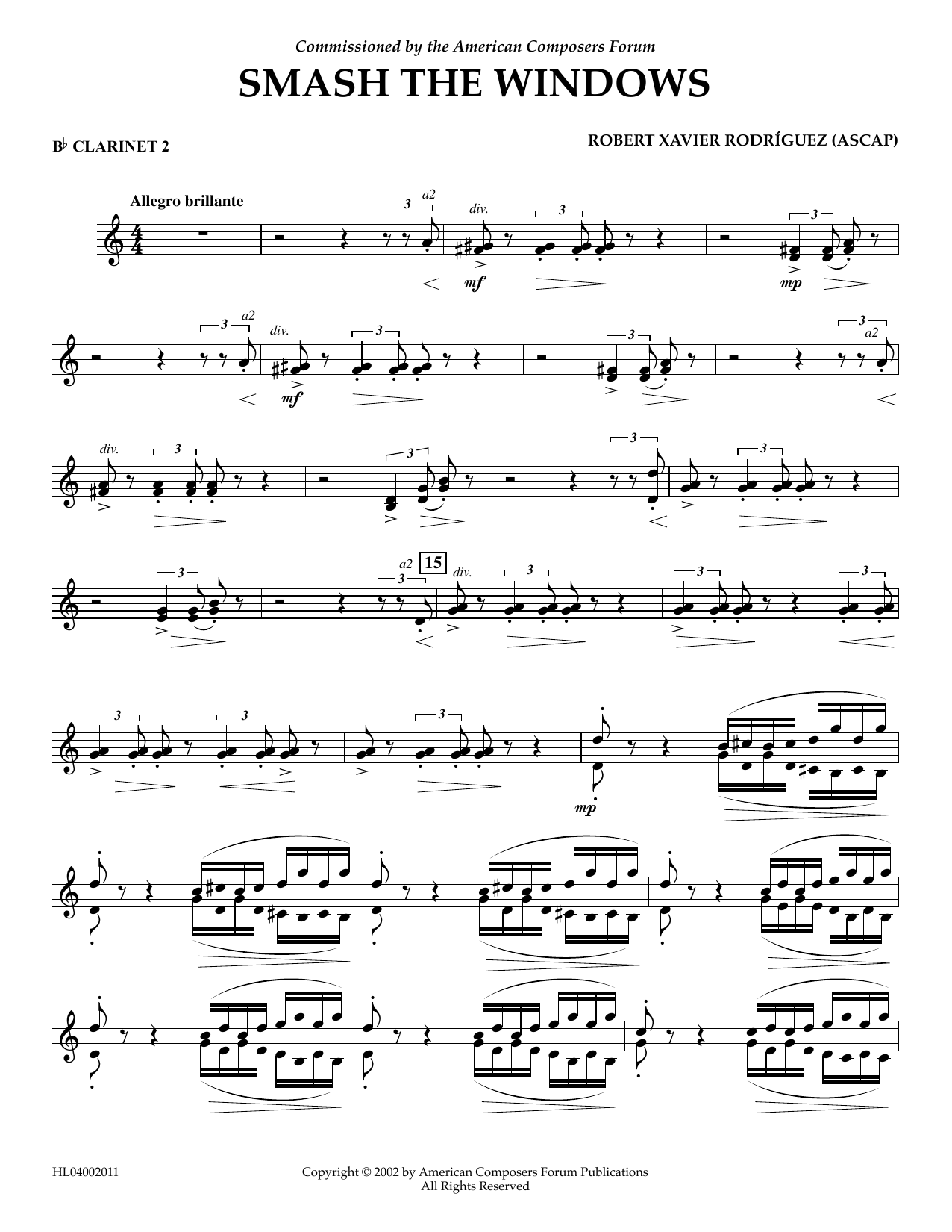 Robert Xavier Rodríguez Smash the Windows - Bb Clarinet 2 sheet music notes and chords arranged for Concert Band
