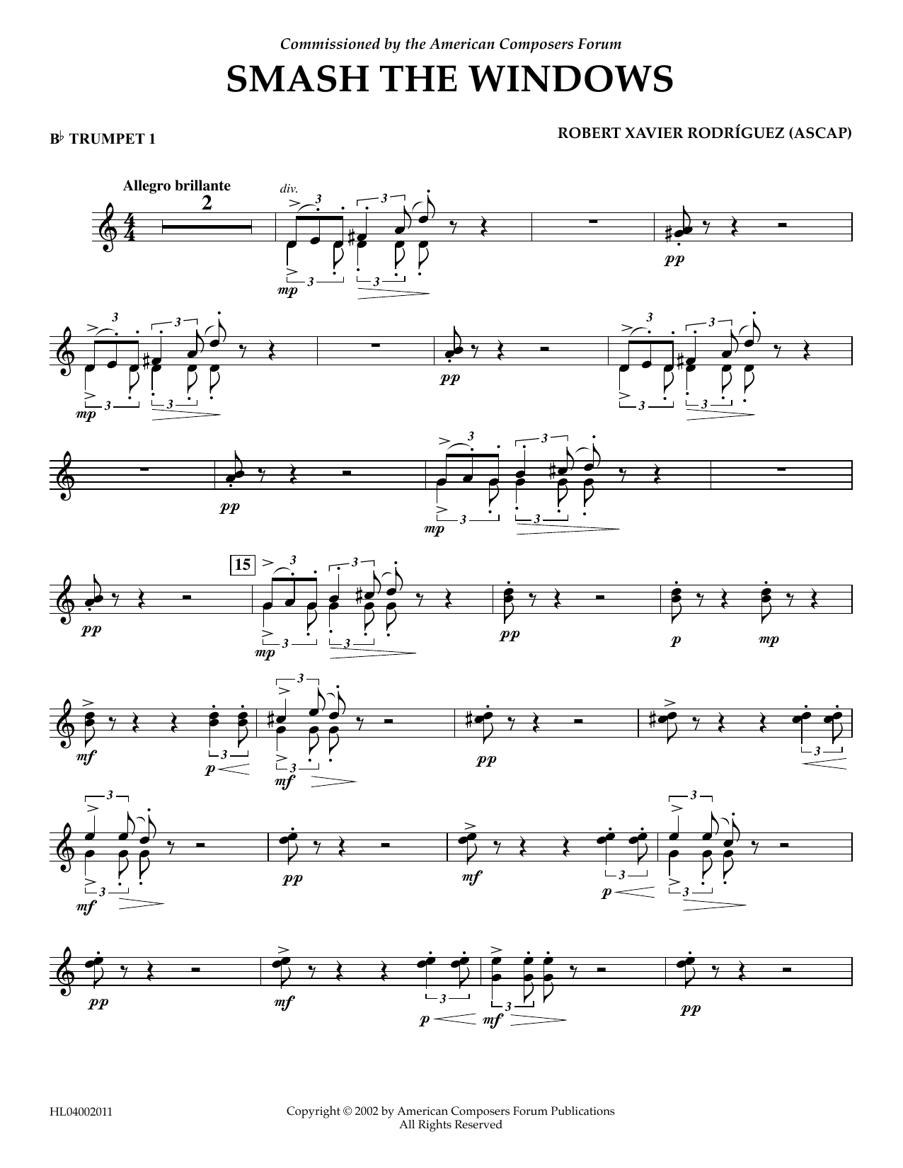 Robert Xavier Rodríguez Smash the Windows - Bb Trumpet 1 sheet music notes and chords arranged for Concert Band