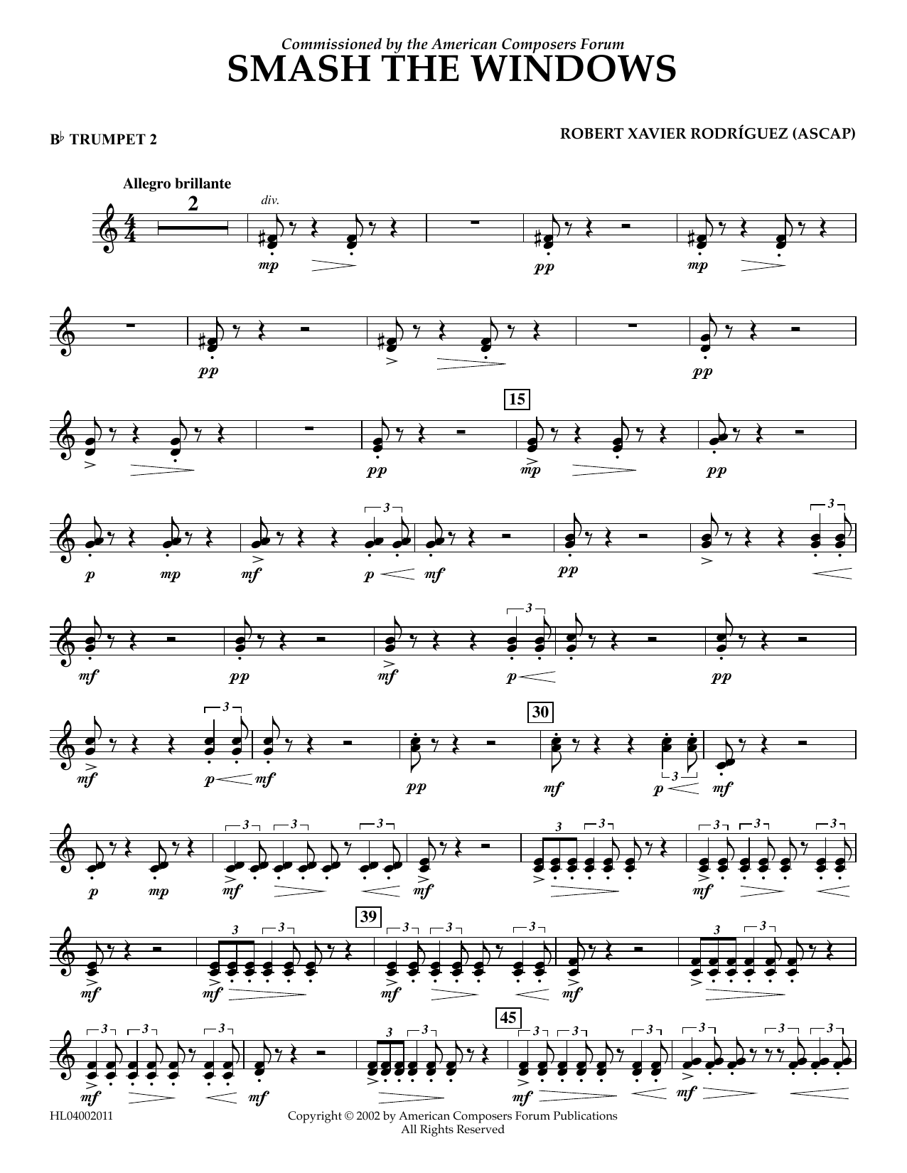 Robert Xavier Rodríguez Smash the Windows - Bb Trumpet 2 sheet music notes and chords arranged for Concert Band