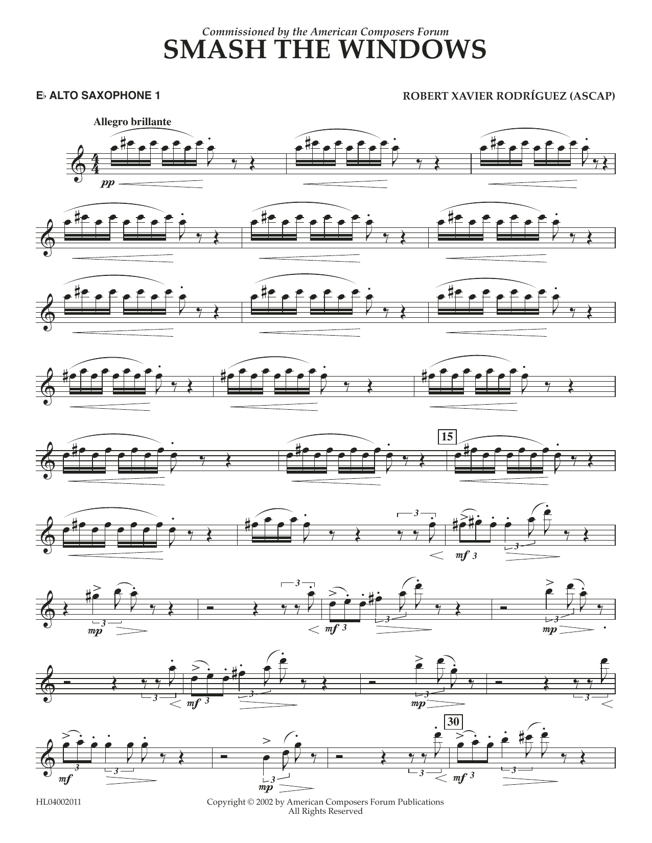 Robert Xavier Rodríguez Smash the Windows - Eb Alto Sax 1 sheet music notes and chords arranged for Concert Band