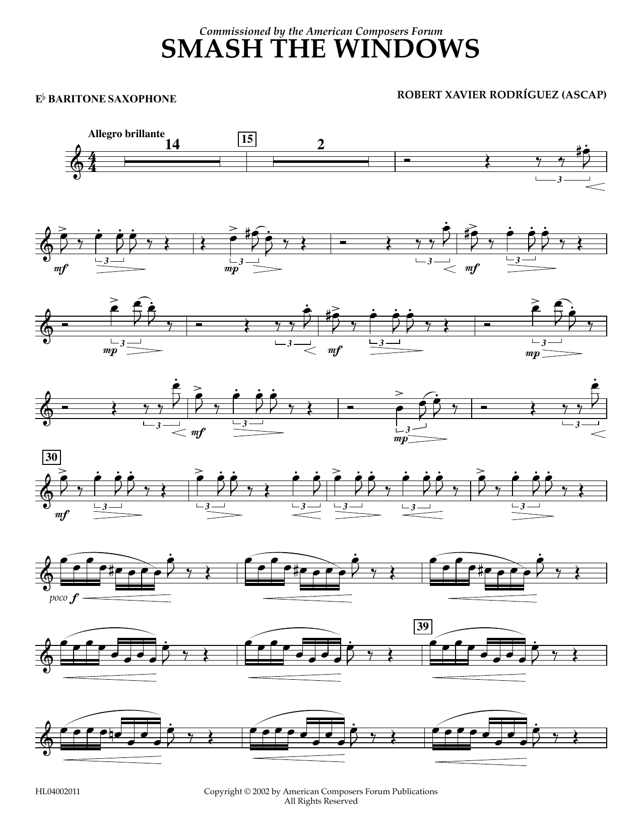 Robert Xavier Rodríguez Smash the Windows - Eb Baritone Saxophone sheet music notes and chords arranged for Concert Band