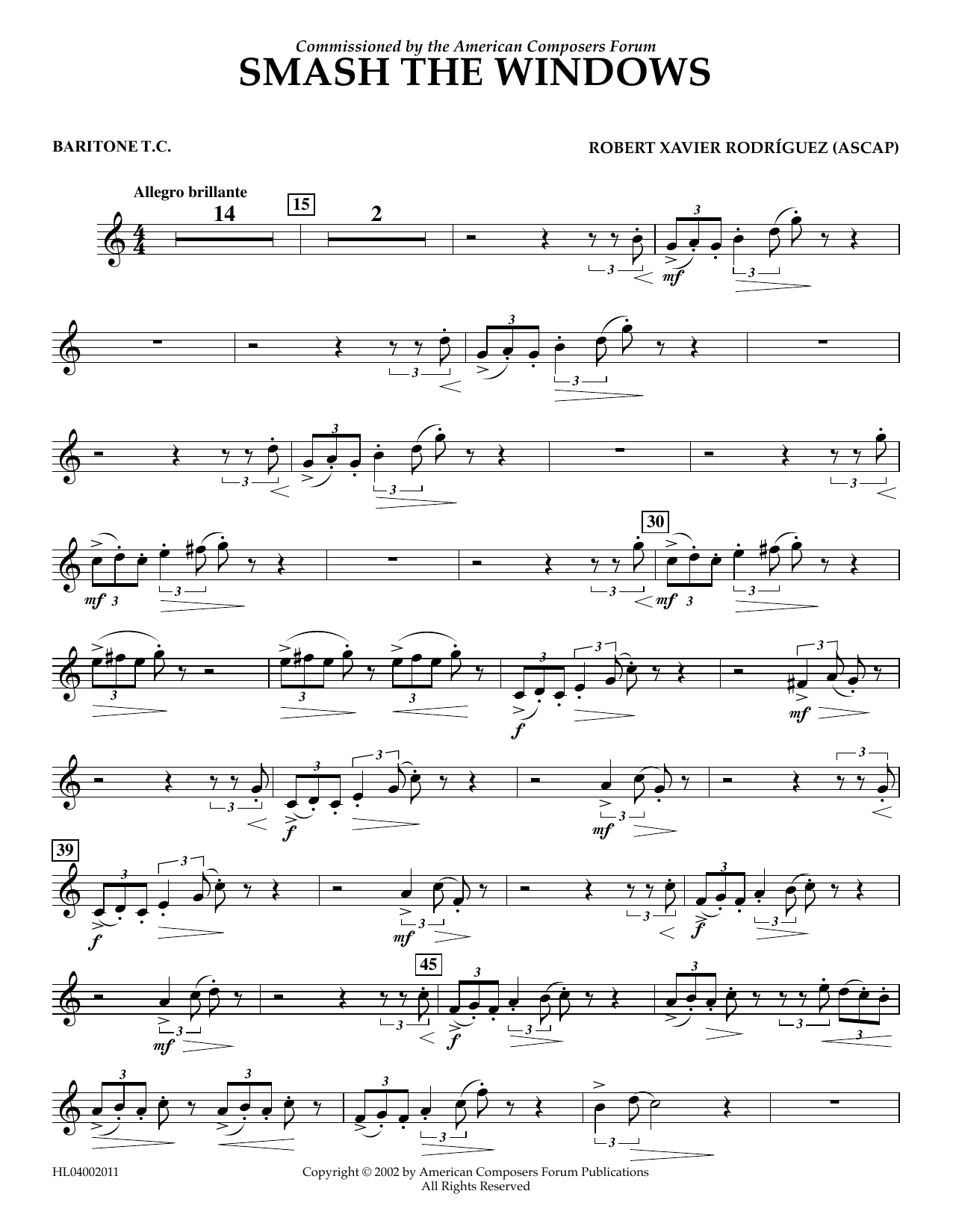 Robert Xavier Rodríguez Smash the Windows - Euphonium in Treble Clef sheet music notes and chords arranged for Concert Band