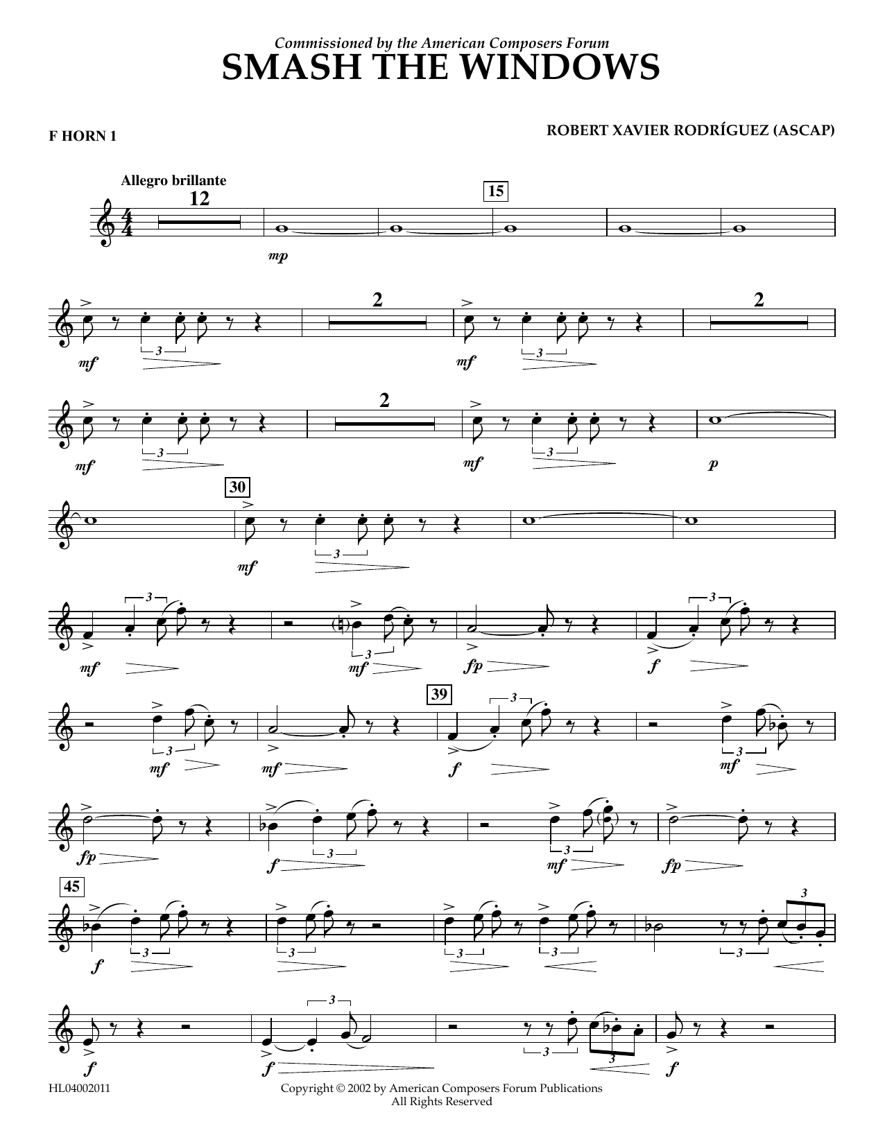 Robert Xavier Rodríguez Smash the Windows - F Horn 1 sheet music notes and chords arranged for Concert Band