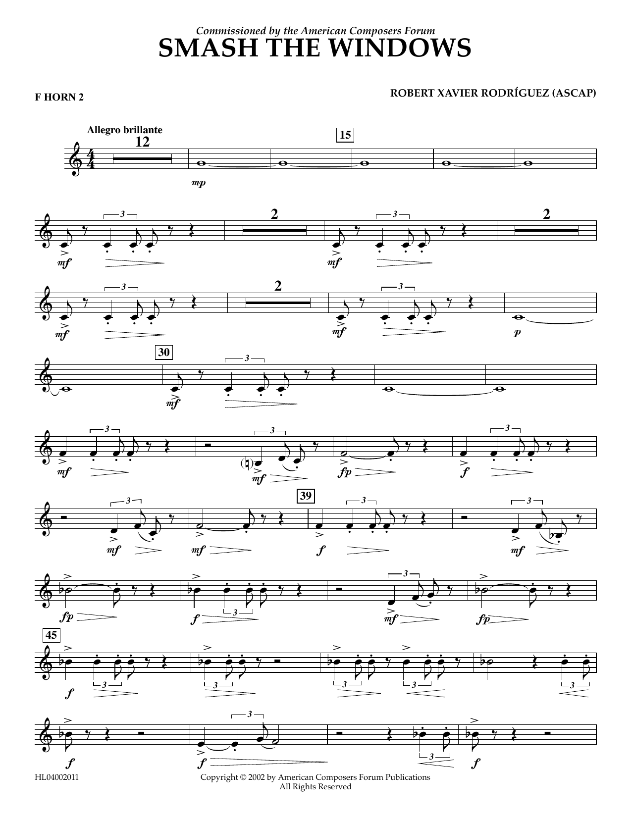 Robert Xavier Rodríguez Smash the Windows - F Horn 2 sheet music notes and chords arranged for Concert Band