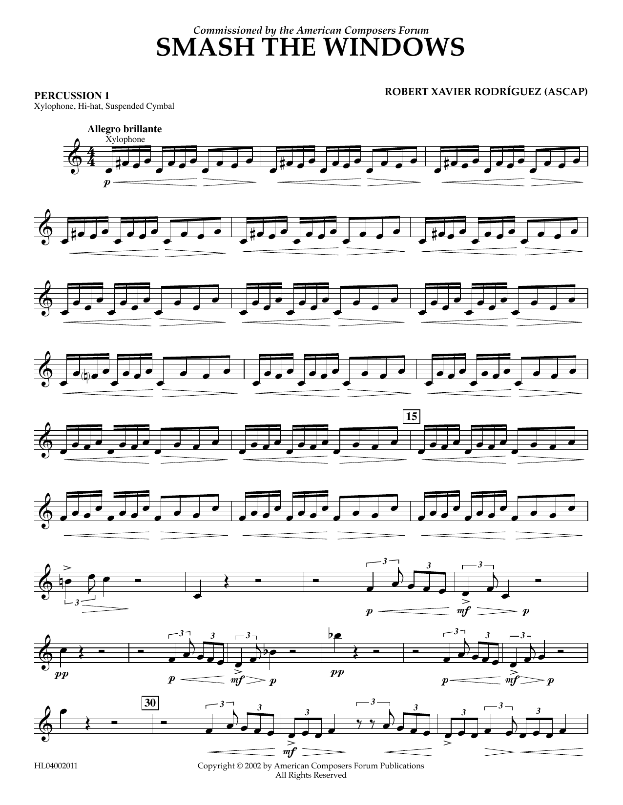 Robert Xavier Rodríguez Smash the Windows - Percussion 1 sheet music notes and chords arranged for Concert Band