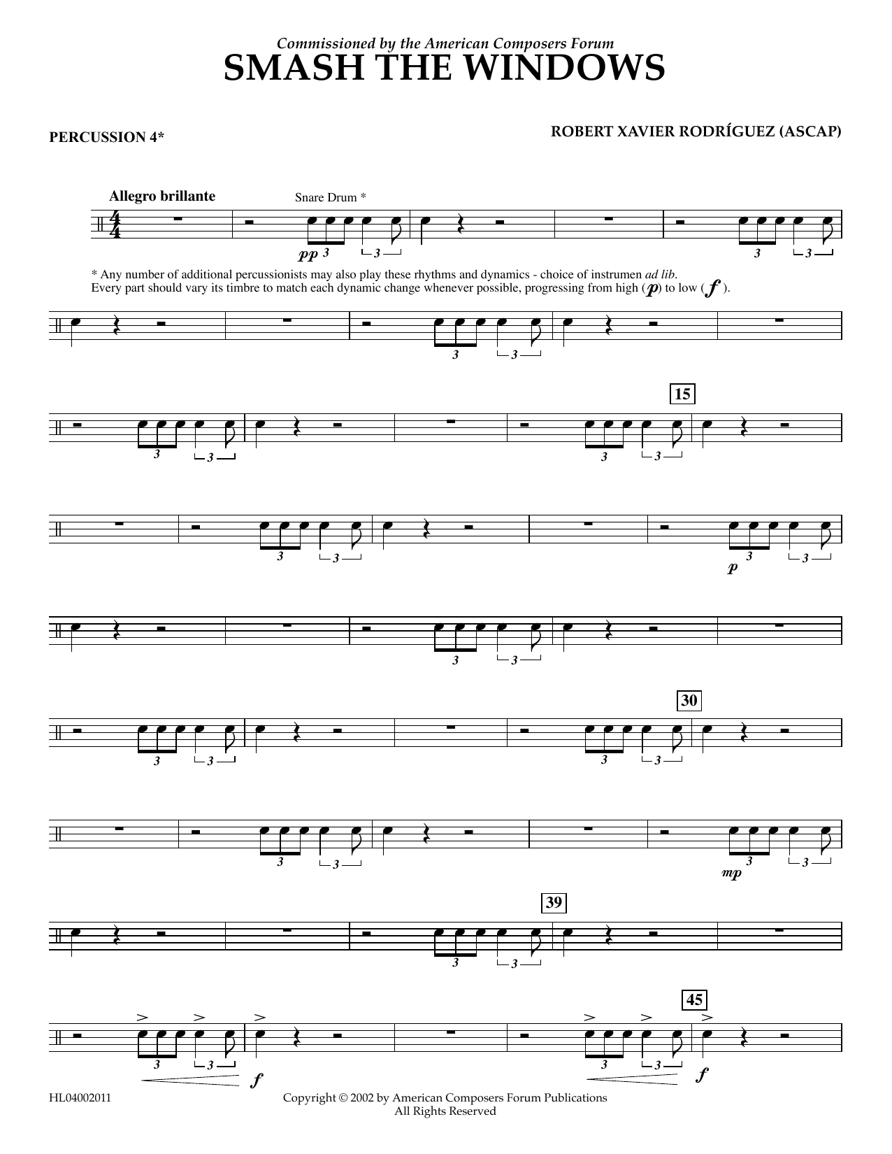 Robert Xavier Rodríguez Smash the Windows - Percussion 4 sheet music notes and chords arranged for Concert Band