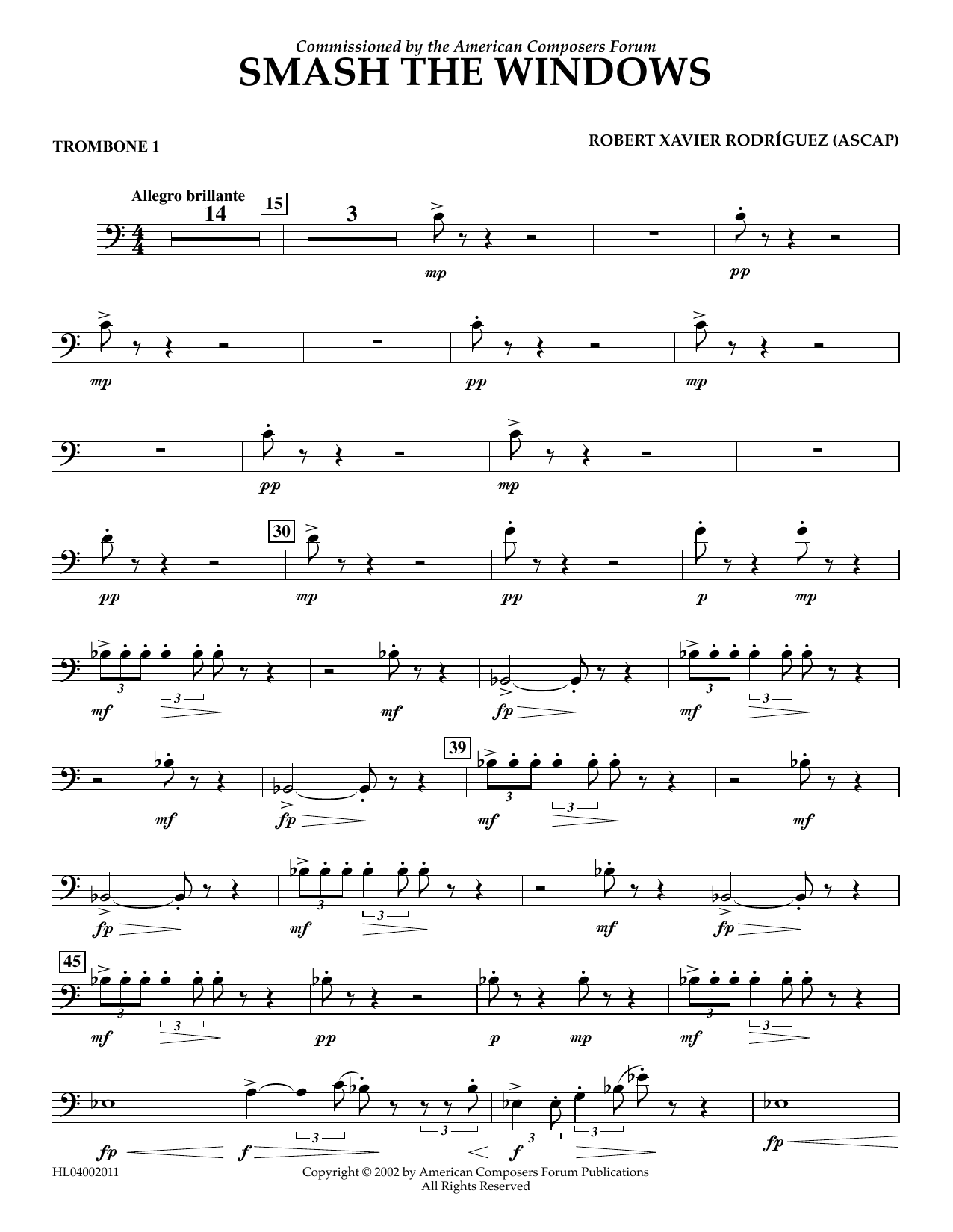 Robert Xavier Rodríguez Smash the Windows - Trombone 1 sheet music notes and chords arranged for Concert Band