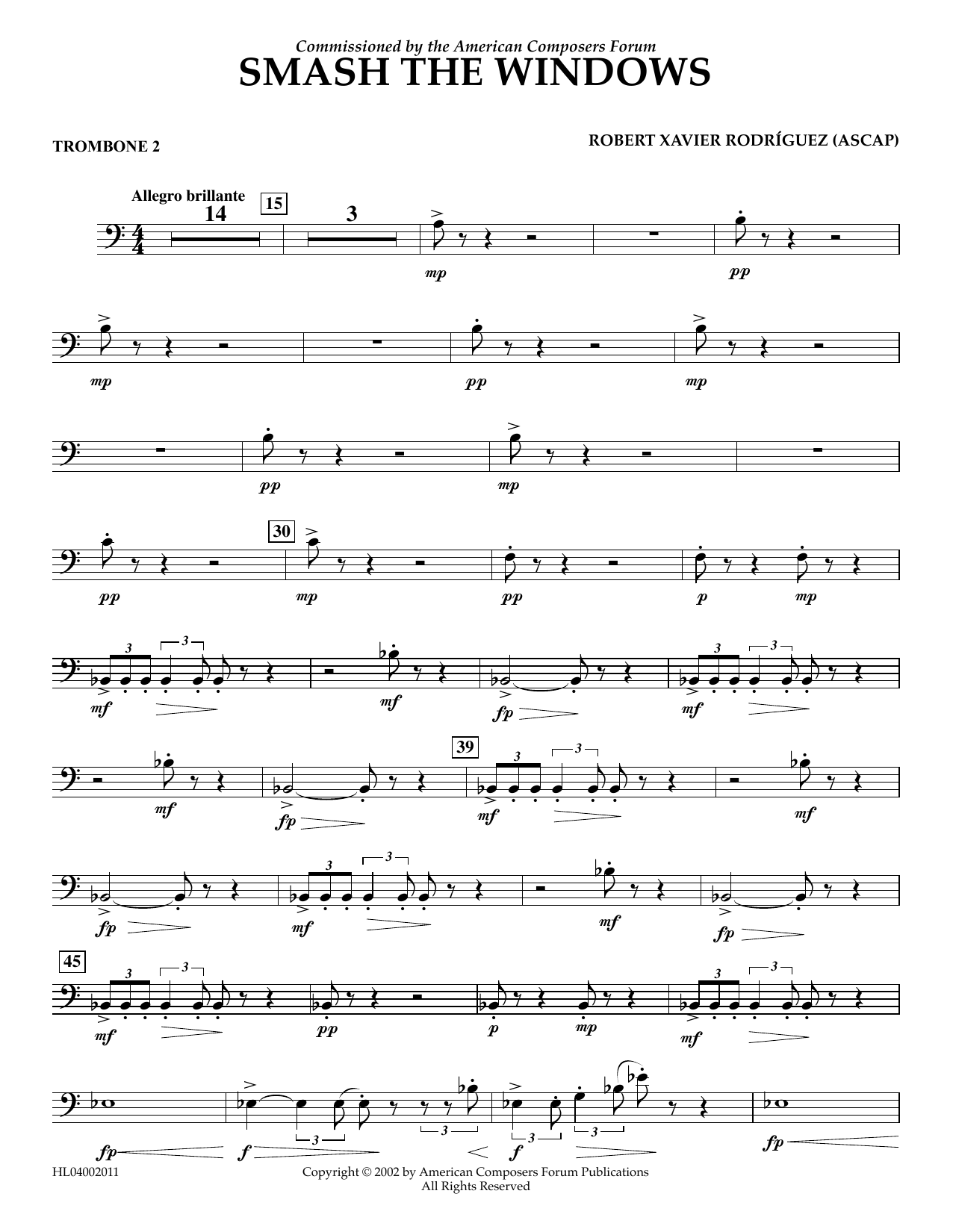 Robert Xavier Rodríguez Smash the Windows - Trombone 2 sheet music notes and chords arranged for Concert Band