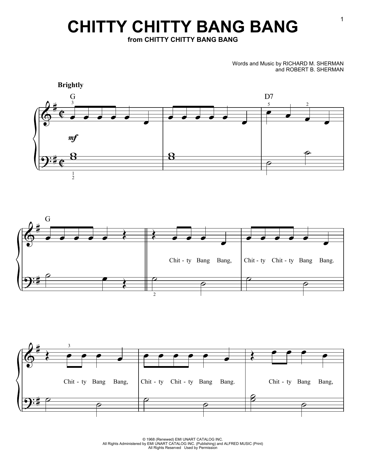 Robert B. Sherman Chitty Chitty Bang Bang sheet music notes and chords arranged for Very Easy Piano