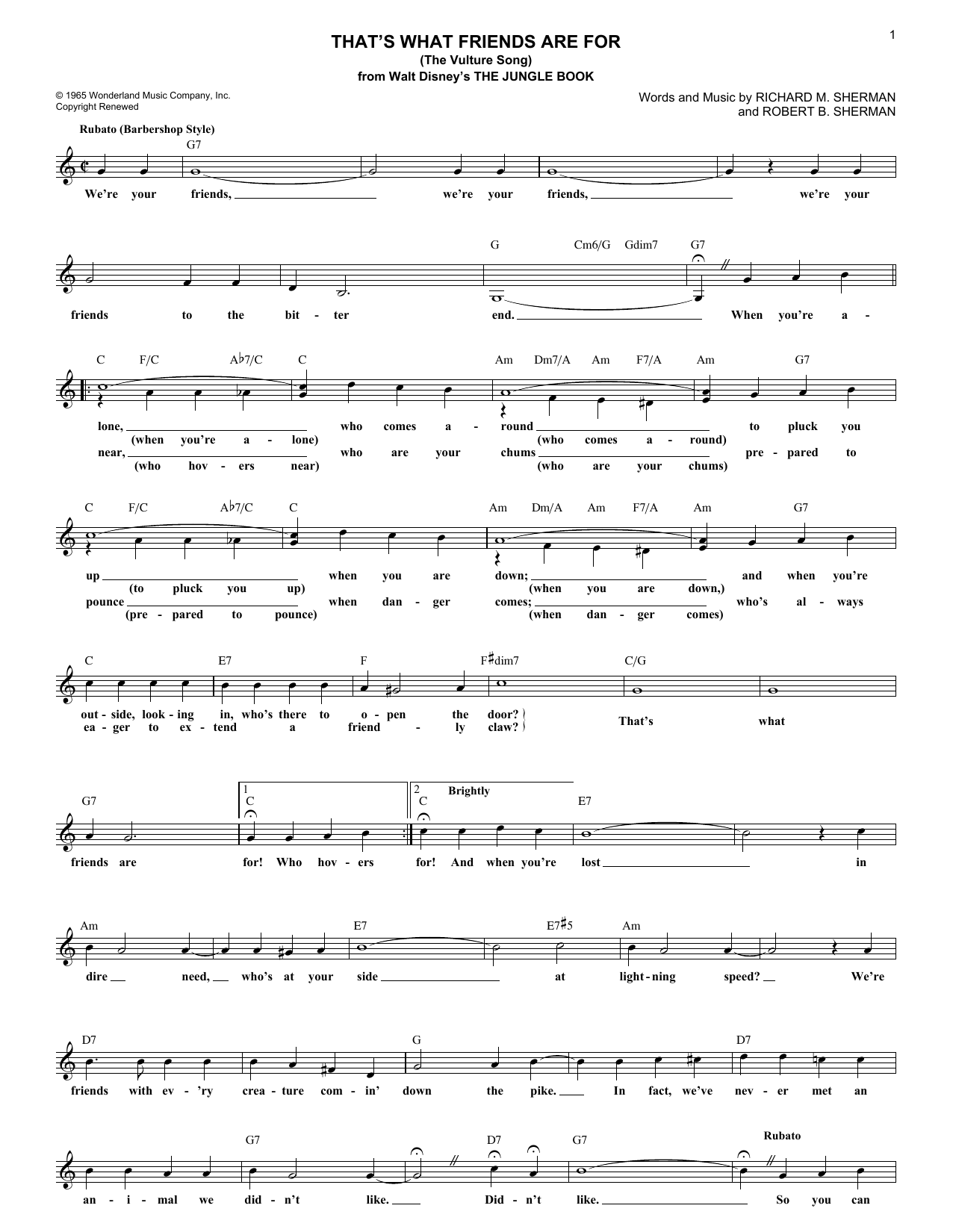 Robert B. Sherman That's What Friends Are For (The Vulture Song) (from The Jungle Book) sheet music notes and chords. Download Printable PDF.