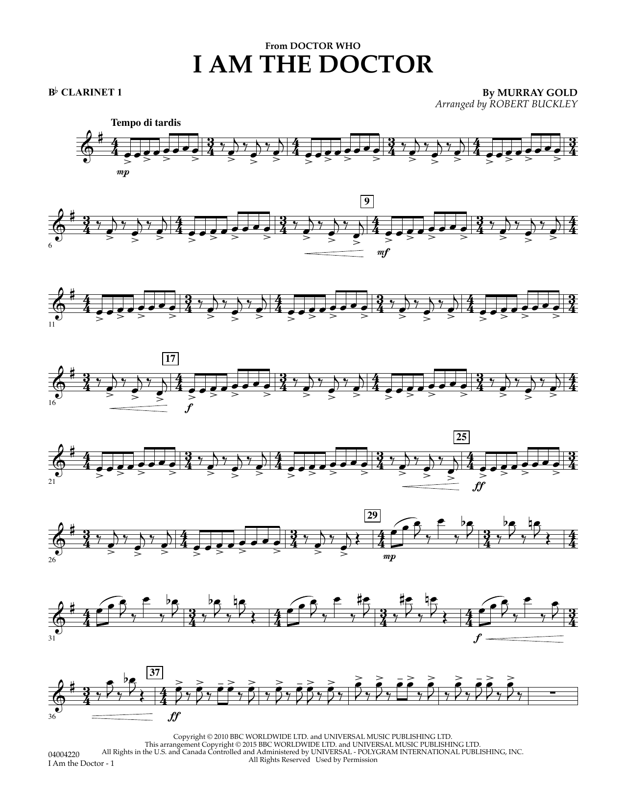 Robert Buckley I Am the Doctor (from Doctor Who) - Bb Clarinet 1 sheet music notes and chords. Download Printable PDF.