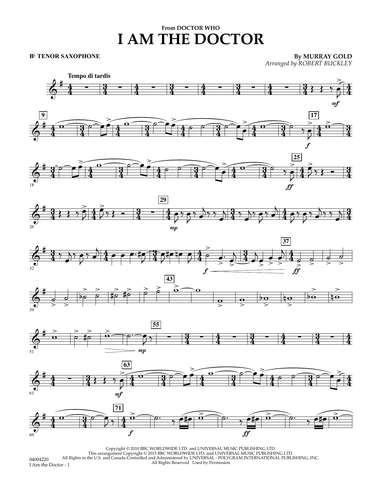 Robert Buckley I Am the Doctor (from Doctor Who) - Bb Tenor Saxophone sheet music notes and chords. Download Printable PDF.