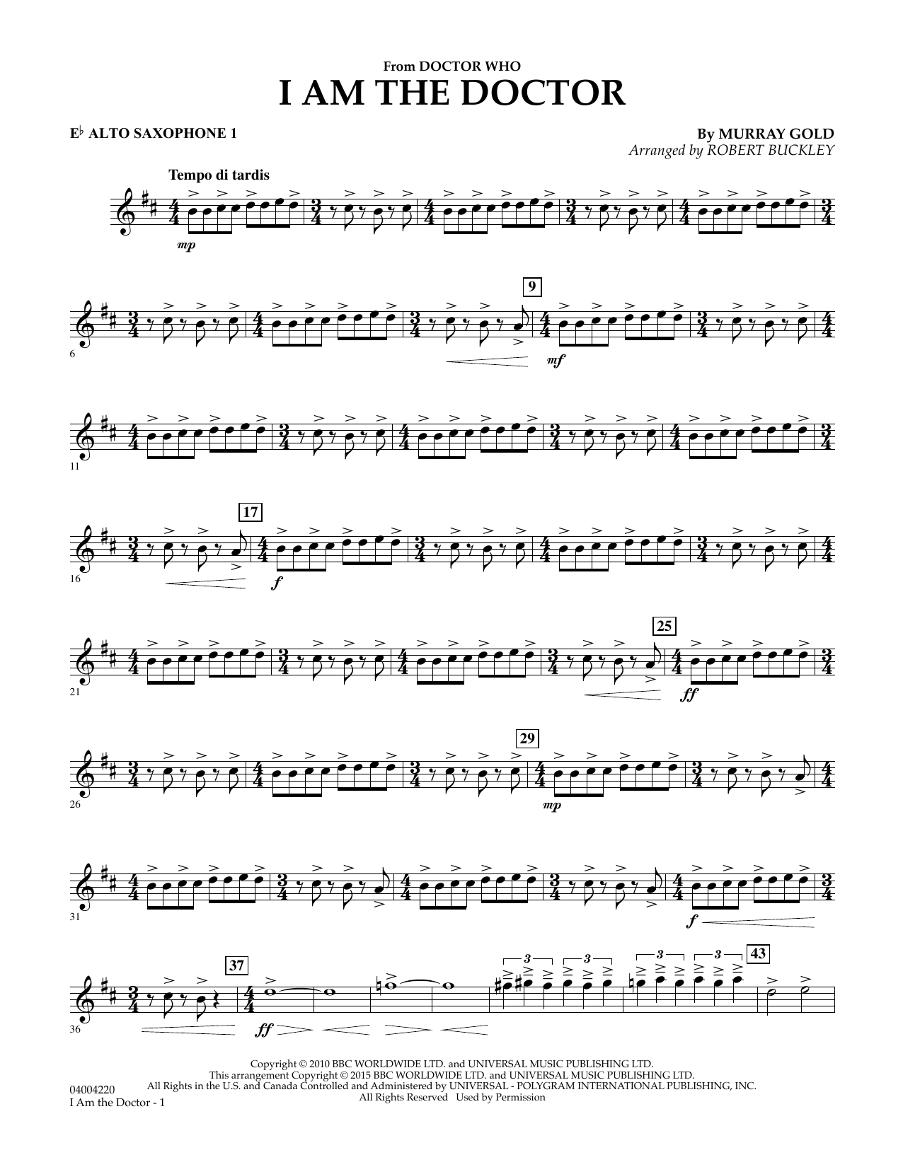 Robert Buckley I Am the Doctor (from Doctor Who) - Eb Alto Saxophone 1 sheet music notes and chords. Download Printable PDF.