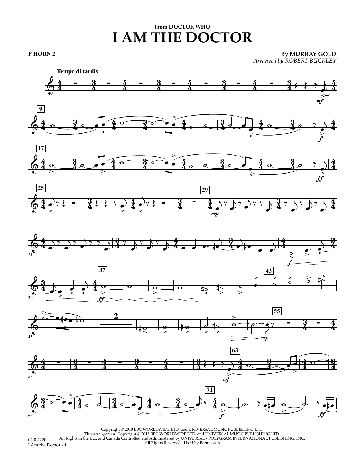 Robert Buckley I Am the Doctor (from Doctor Who) - F Horn 2 sheet music notes and chords. Download Printable PDF.