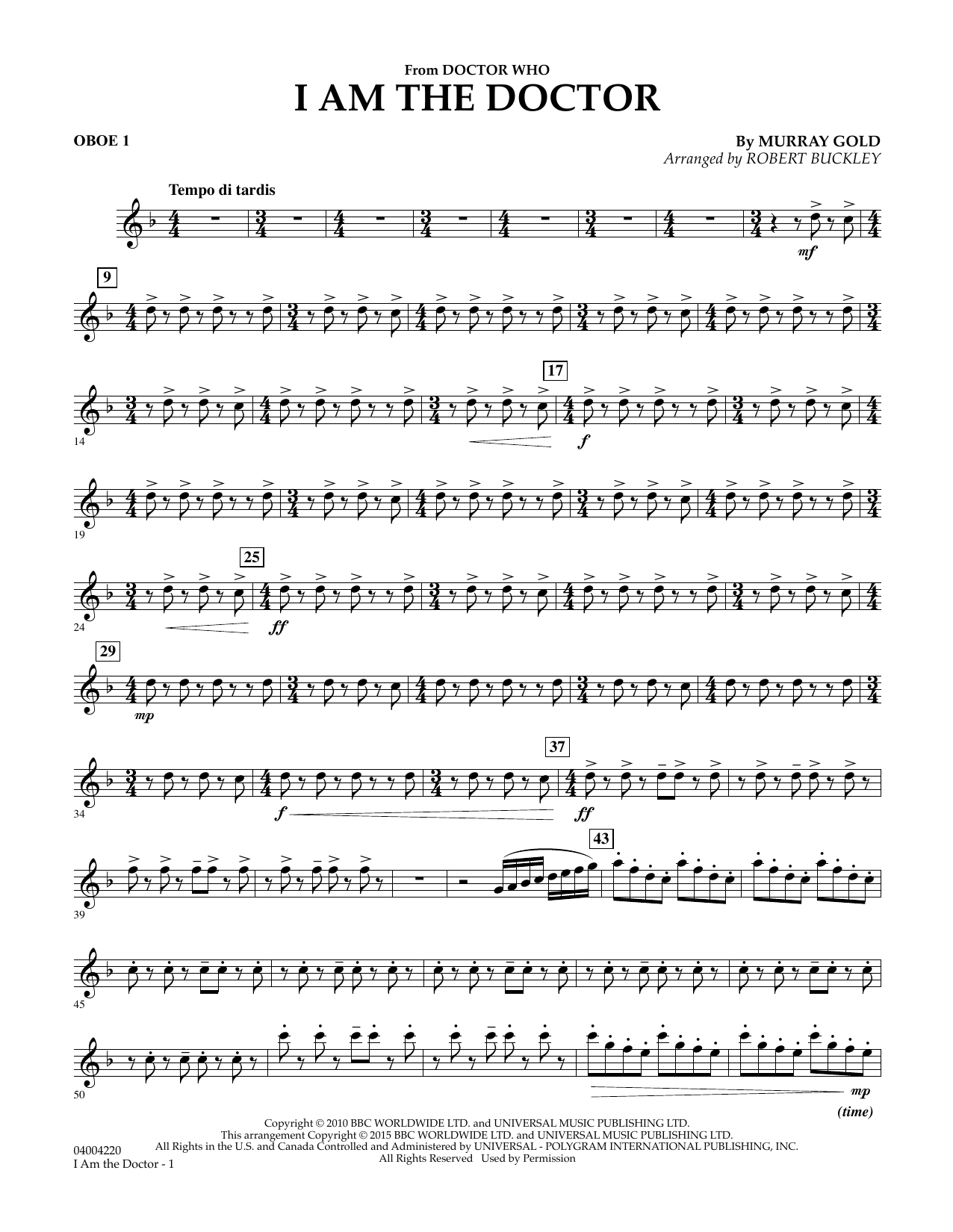 Robert Buckley I Am the Doctor (from Doctor Who) - Oboe 1 sheet music notes and chords. Download Printable PDF.
