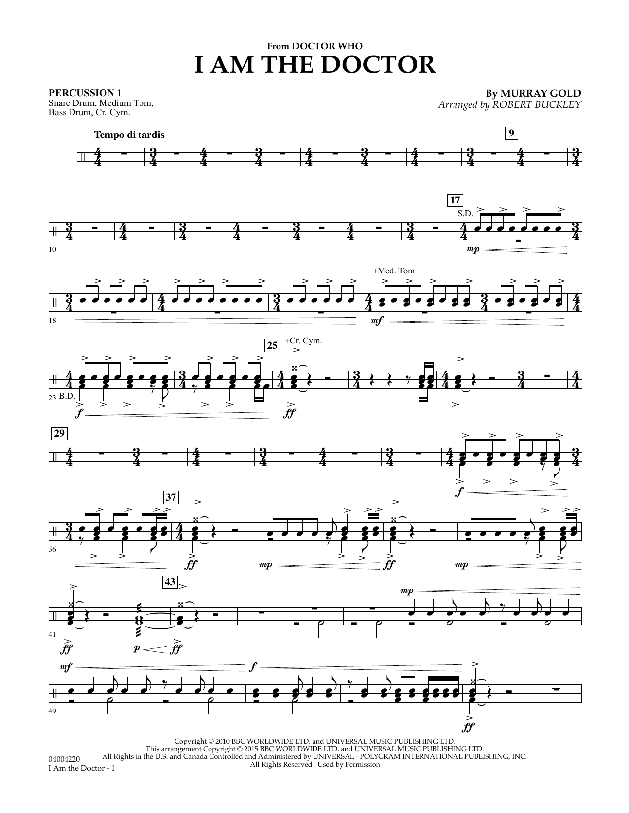 Robert Buckley I Am the Doctor (from Doctor Who) - Percussion 1 sheet music notes and chords. Download Printable PDF.
