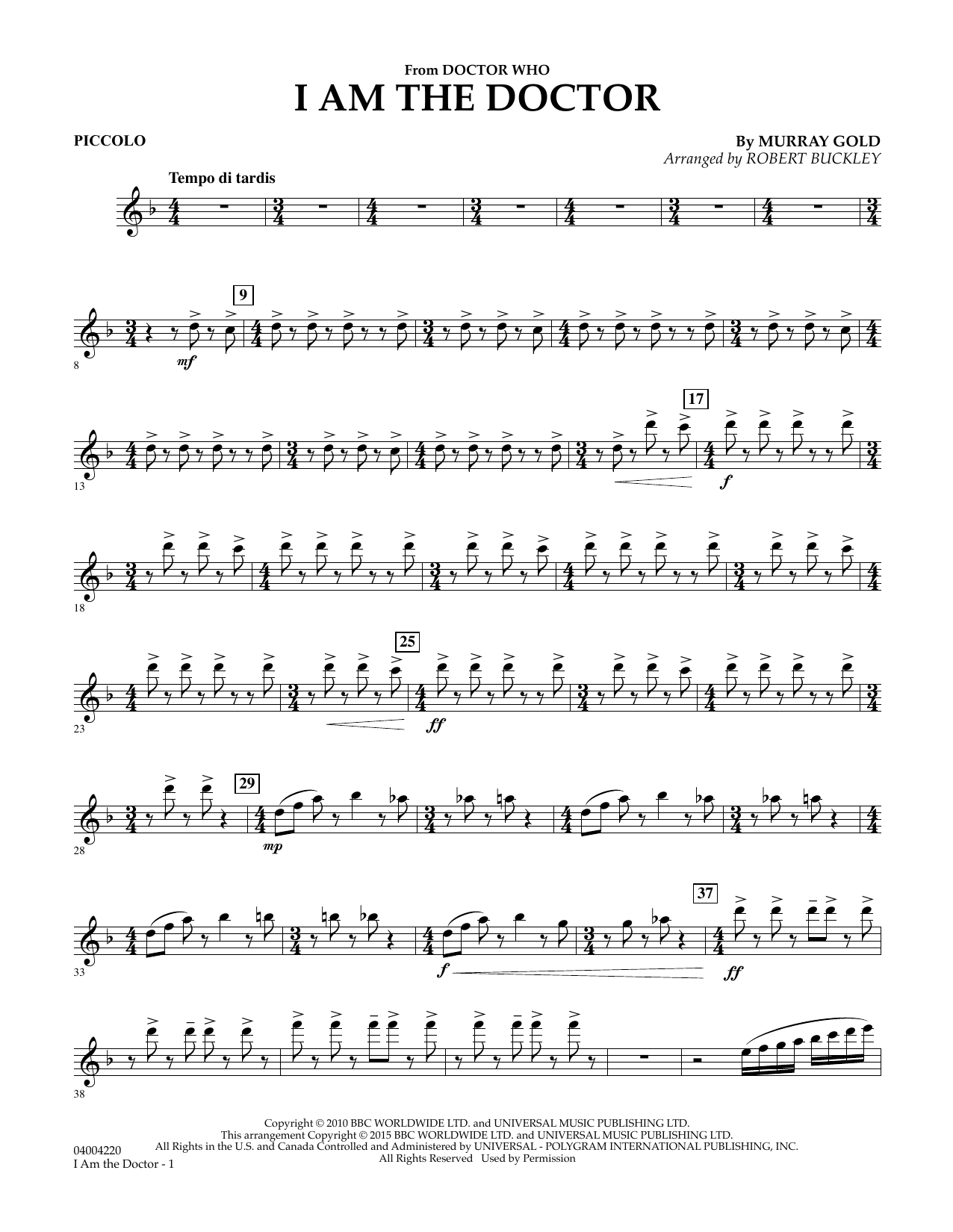 Robert Buckley I Am the Doctor (from Doctor Who) - Piccolo sheet music notes and chords. Download Printable PDF.