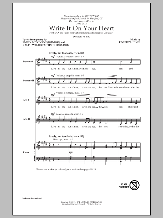 Robert I. Hugh Write It On Your Heart sheet music notes and chords arranged for SSA Choir