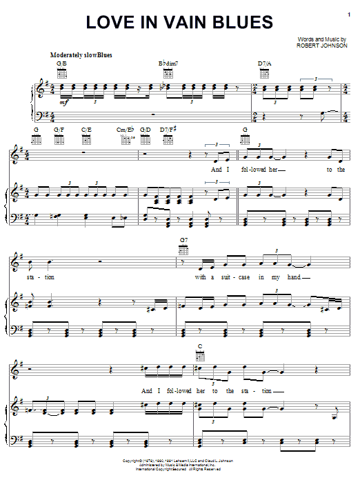 Robert Johnson Love In Vain Blues sheet music notes and chords. Download Printable PDF.