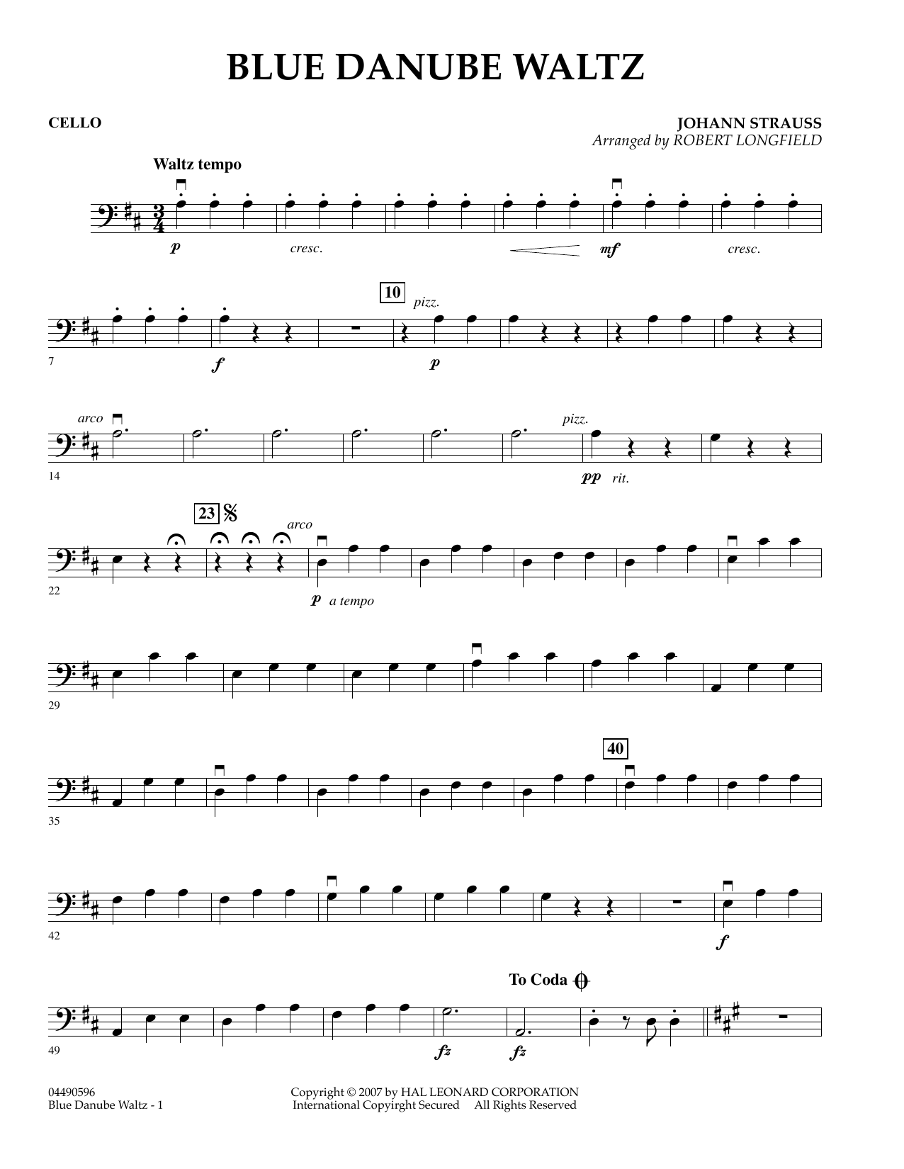 Robert Longfield Blue Danube Waltz - Cello sheet music notes and chords arranged for Orchestra