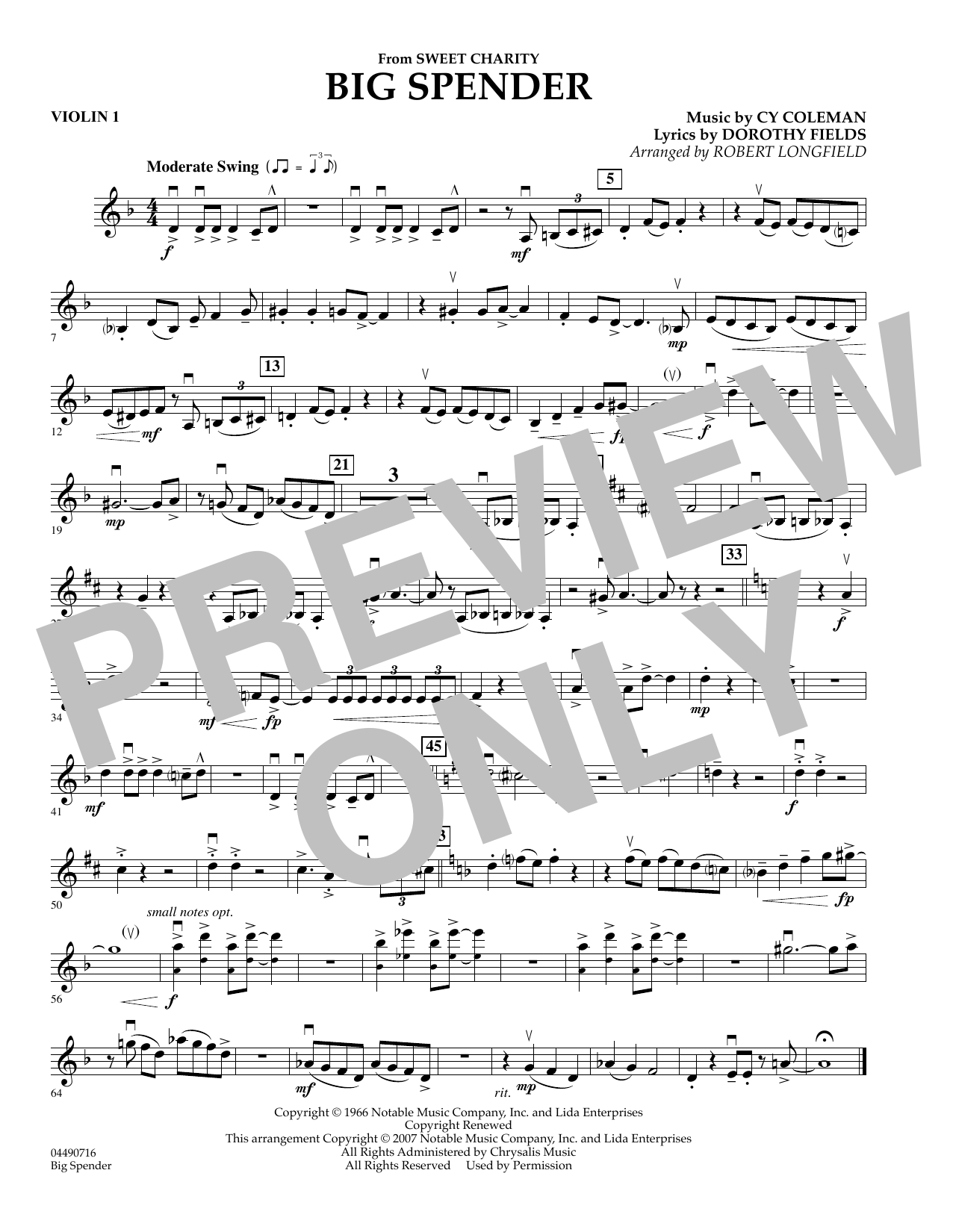 Robert Longfield Cy Coleman: Big Spender (Sweet Charity) - Violin 1 sheet music notes and chords arranged for Orchestra
