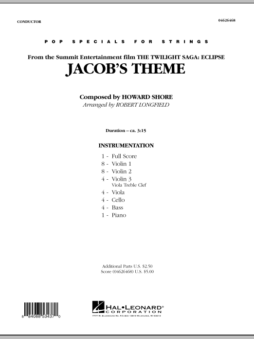 Robert Longfield Jacob's Theme (from The Twilight Saga: Eclipse) - Full Score sheet music notes and chords. Download Printable PDF.
