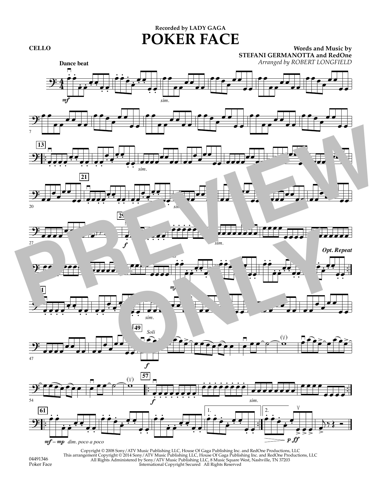 Robert Longfield Poker Face - Cello sheet music notes and chords. Download Printable PDF.