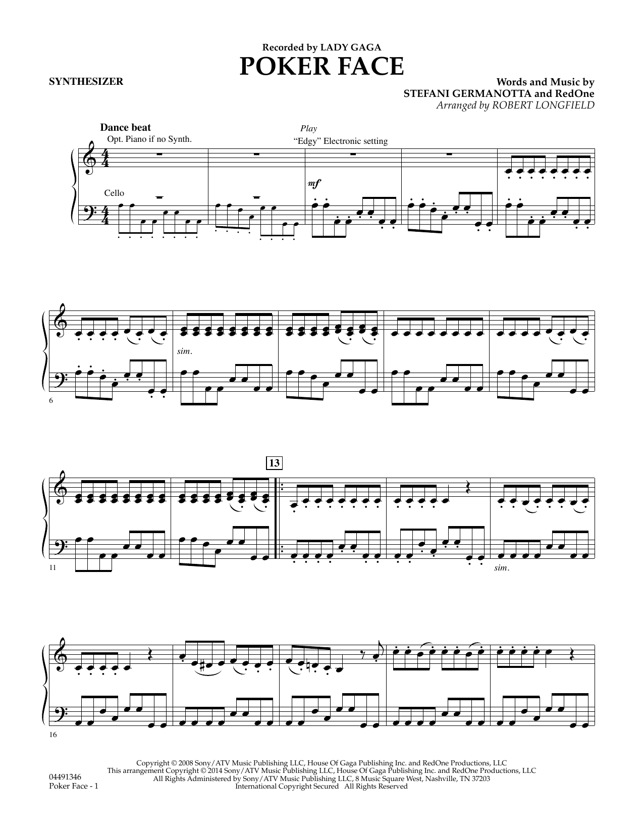 Robert Longfield Poker Face - Synthesizer sheet music notes and chords. Download Printable PDF.