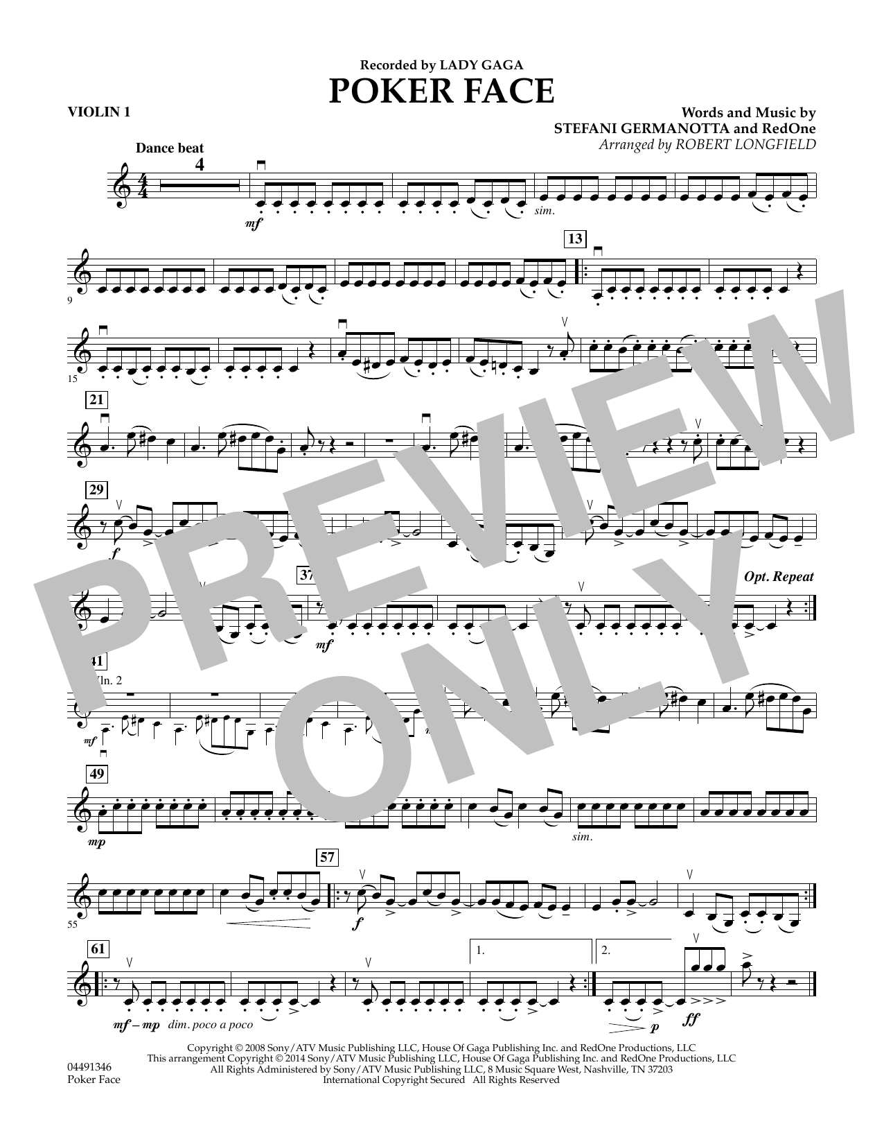Robert Longfield Poker Face - Violin 1 sheet music notes and chords. Download Printable PDF.