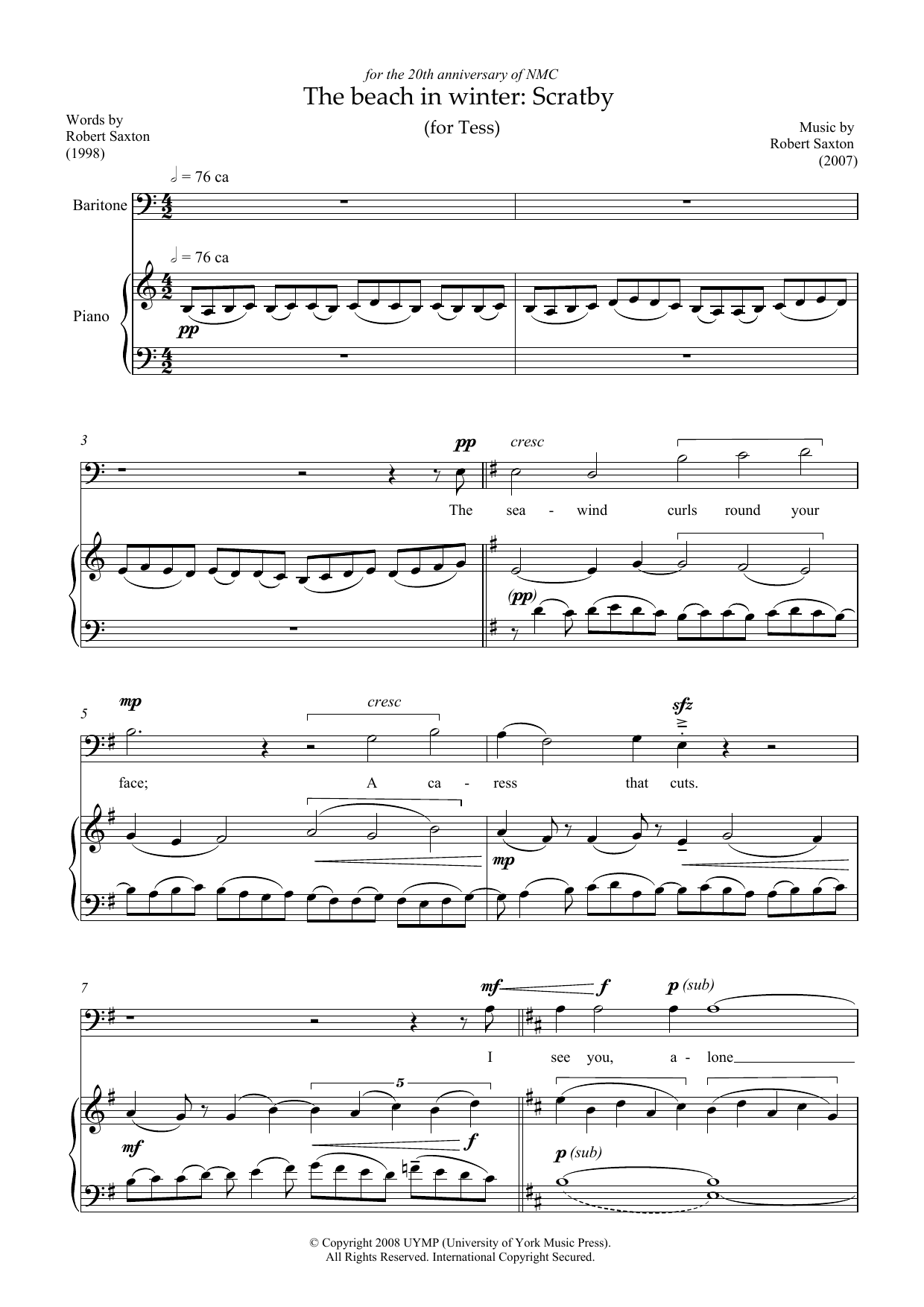 Robert Saxton The beach in winter: Scratby (for baritone and piano) sheet music notes and chords arranged for Piano & Vocal