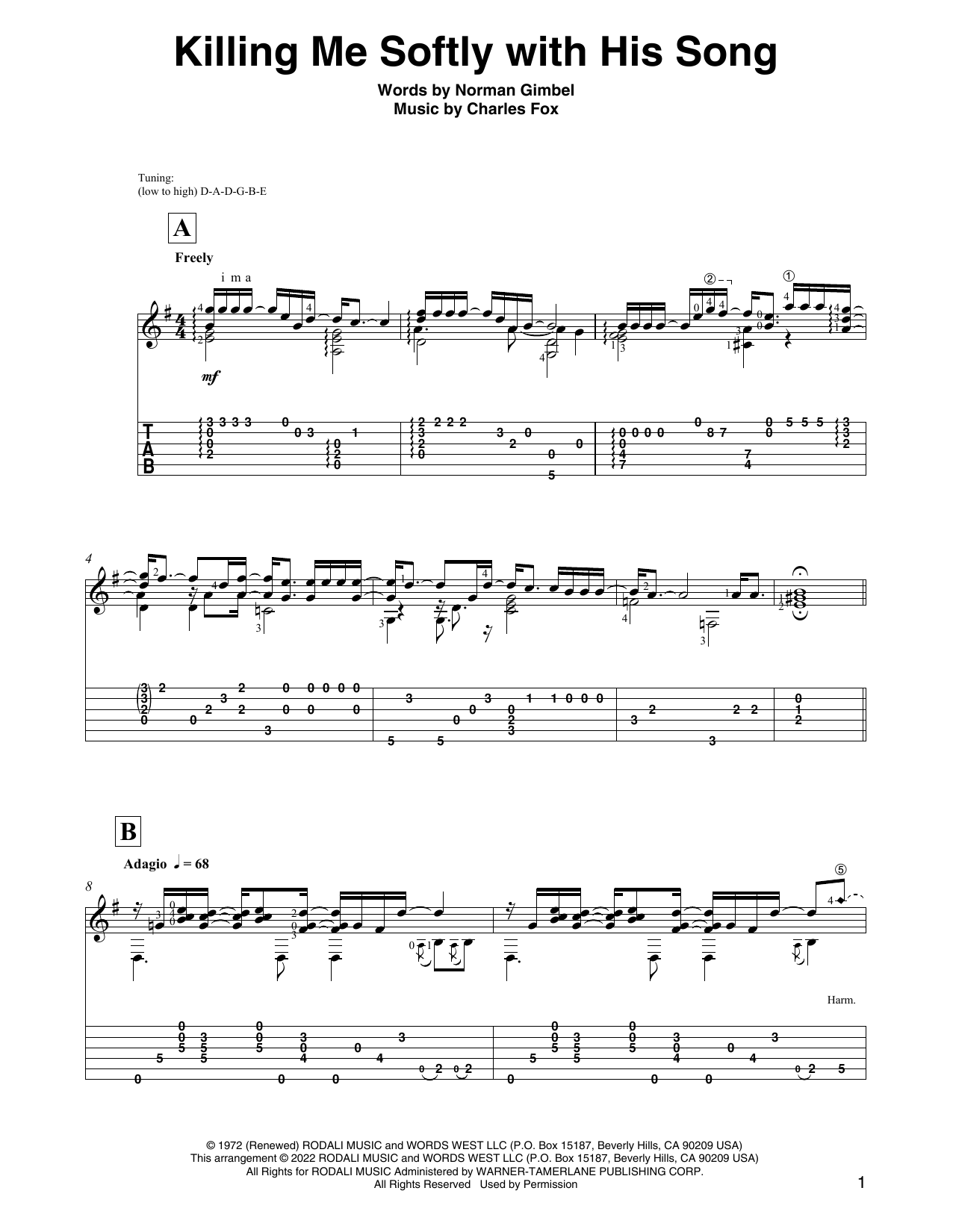 Roberta Flack Killing Me Softly With His Song (arr. David Jaggs) sheet music notes and chords arranged for Solo Guitar